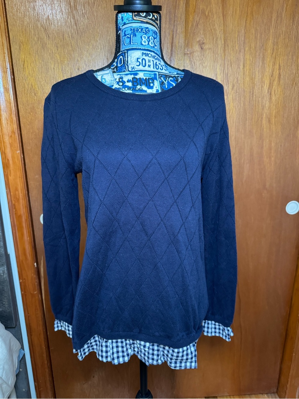 Talbots Navy Argyle Knit Sweater with Gingham Ruffle Hem, Women’s Medium